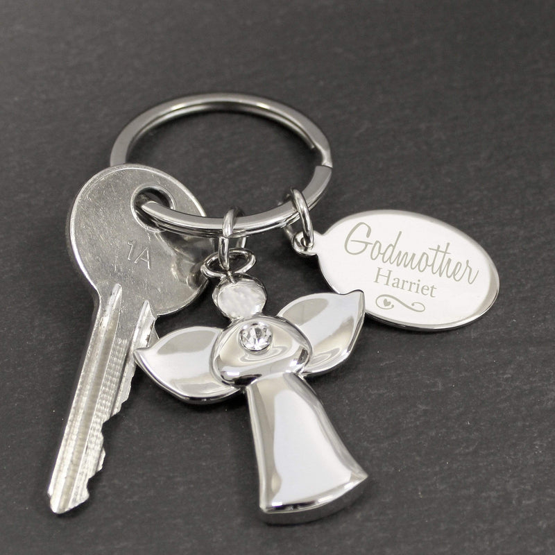 Personalised Memento Keepsakes Personalised Silver Plated Swirls & Hearts Godmother Angel Keyring