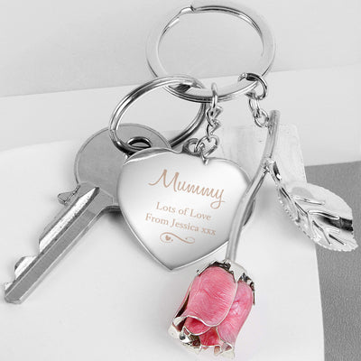 Personalised Memento Keepsakes Personalised Silver Plated Swirls & Hearts Pink Rose Keyring