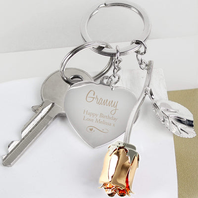 Personalised Memento Keepsakes Personalised Silver Plated Swirls & Hearts Rose Gold Rose Keyring