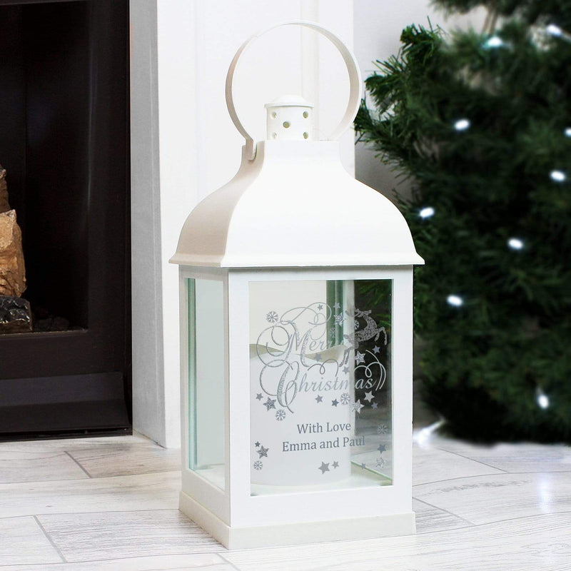 Personalised Memento LED Lights, Candles & Decorations Personalised Silver Reindeer White Lantern