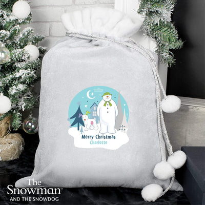 Personalised Memento Christmas Decorations Personalised The Snowman and the Snowdog Luxury Silver Grey Pom Pom Sack