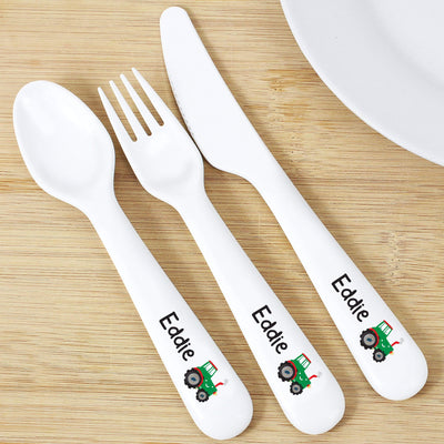 Personalised Memento Mealtime Essentials Personalised Tractor 3 Piece Plastic Cutlery Set