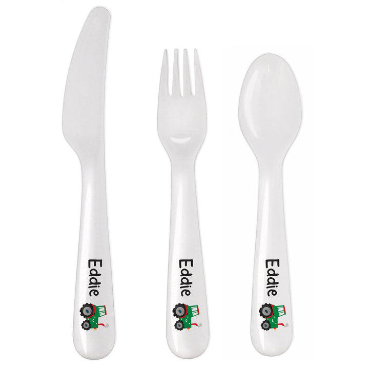 Personalised Memento Mealtime Essentials Personalised Tractor 3 Piece Plastic Cutlery Set