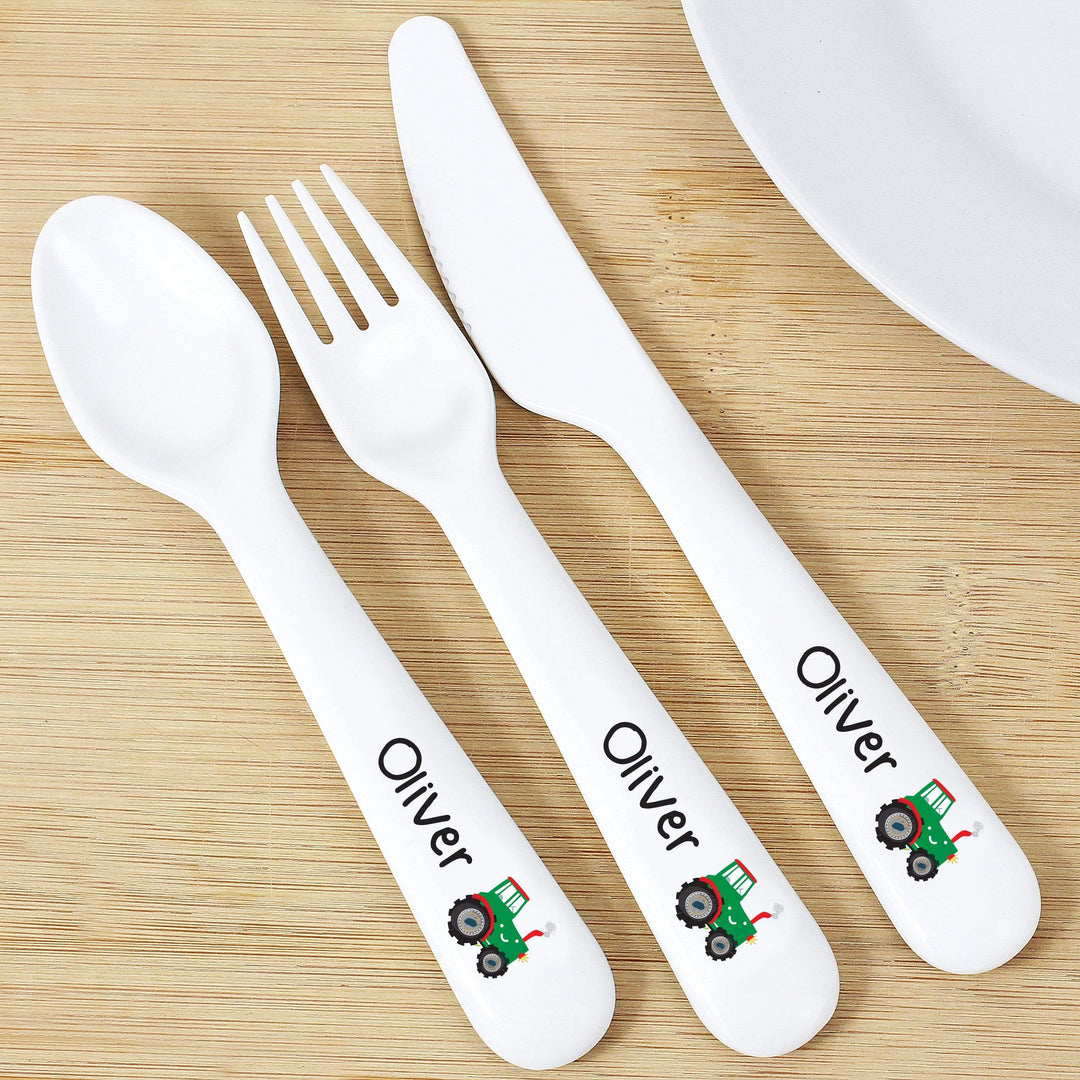 Personalised Memento Mealtime Essentials Personalised Tractor 3 Piece Plastic Cutlery Set