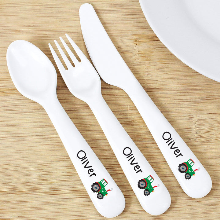 Personalised Memento Mealtime Essentials Personalised Tractor 3 Piece Plastic Cutlery Set