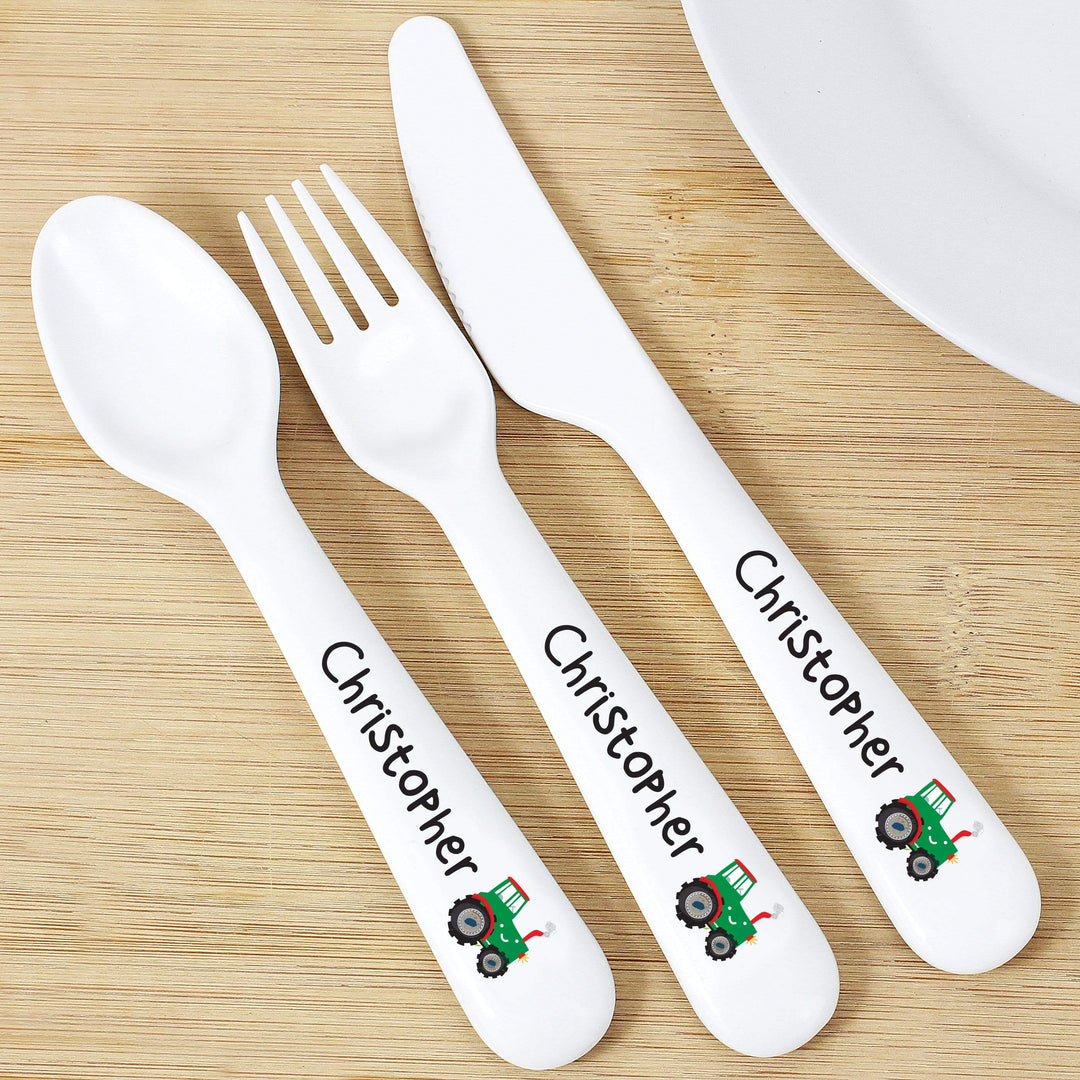 Personalised Memento Mealtime Essentials Personalised Tractor 3 Piece Plastic Cutlery Set
