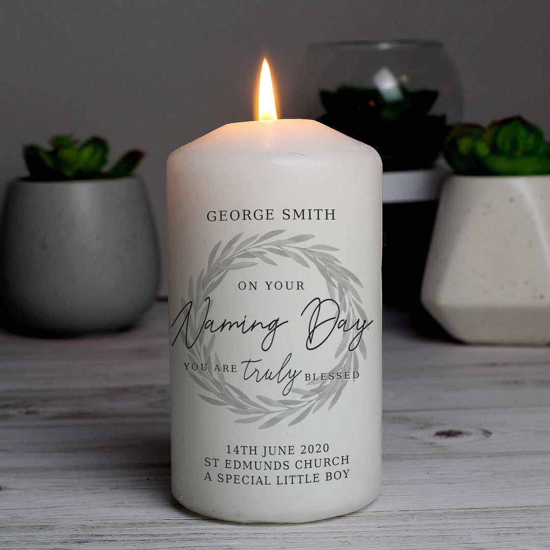 Personalised Memento Candles &amp; Reed Diffusers Personalised Truly Blessed Naming Day Pillar Candle
