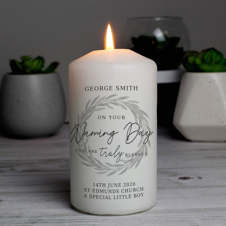 Personalised Memento Candles &amp; Reed Diffusers Personalised Truly Blessed Naming Day Pillar Candle