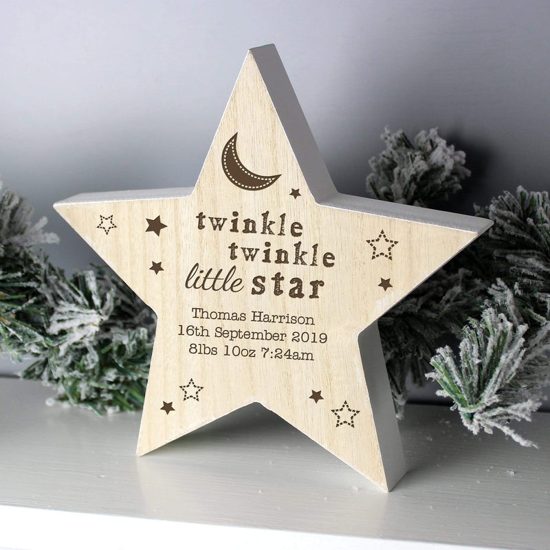 Personalised Memento Christmas Decorations Personalised Twinkle Twinkle Rustic Wooden Star Decoration