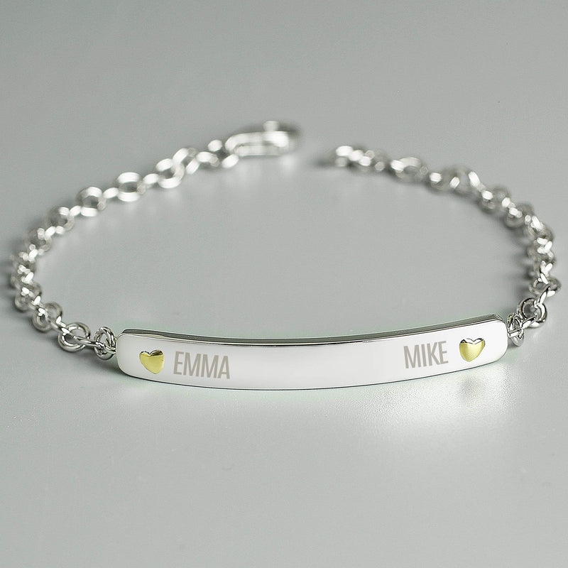 Personalised Memento Jewellery Personalised Two Names Sterling Silver and 9ct Gold Bar Bracelet