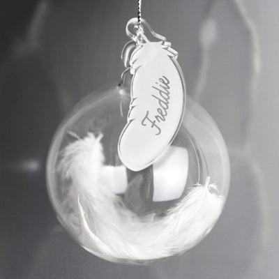 Personalised Memento Christmas Decorations Personalised White Feather Glass Bauble