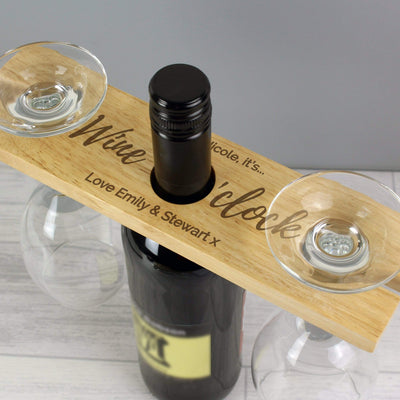 Personalised Memento Wooden Personalised 'Wine O'clock' Wine Glass & Bottle Butler