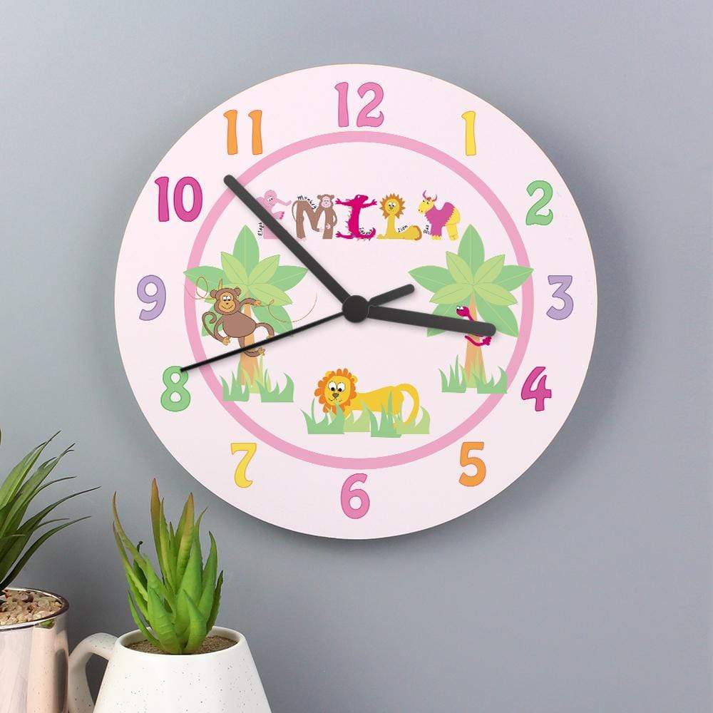 Personalised Memento Clocks & Watches Personalised Pink Animal Alphabet Clock