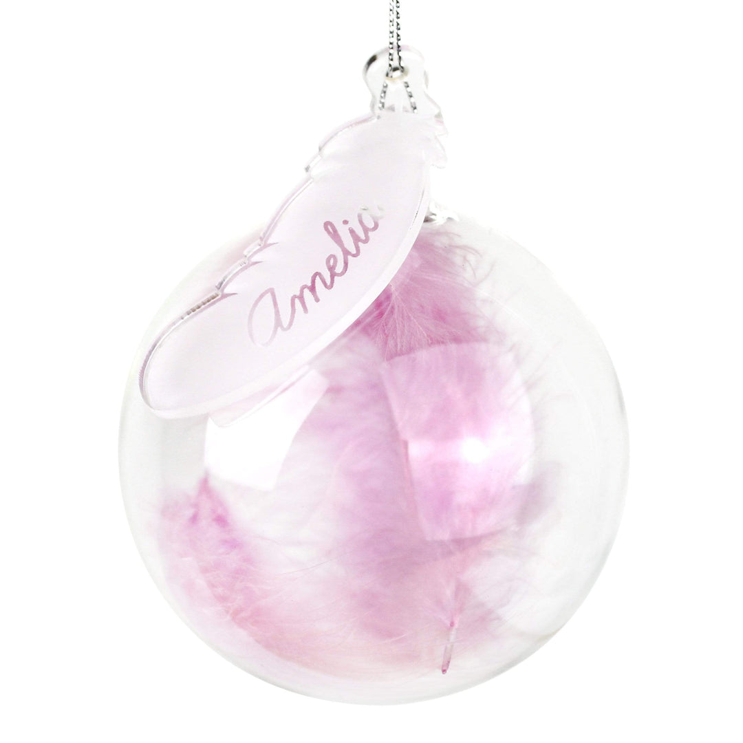Personalised Memento Christmas Decorations Personalised Pink Feather Glass Bauble