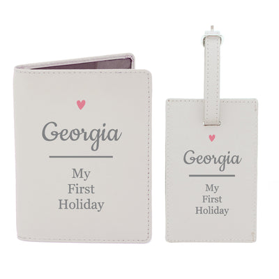 Personalised Memento Leather Personalised Pink Heart Cream Passport Holder & Luggage Tag Set