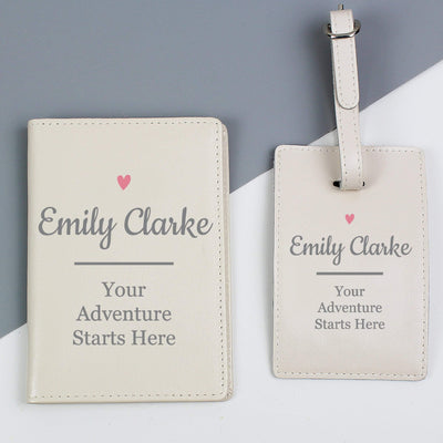 Personalised Memento Leather Personalised Pink Heart Cream Passport Holder & Luggage Tag Set