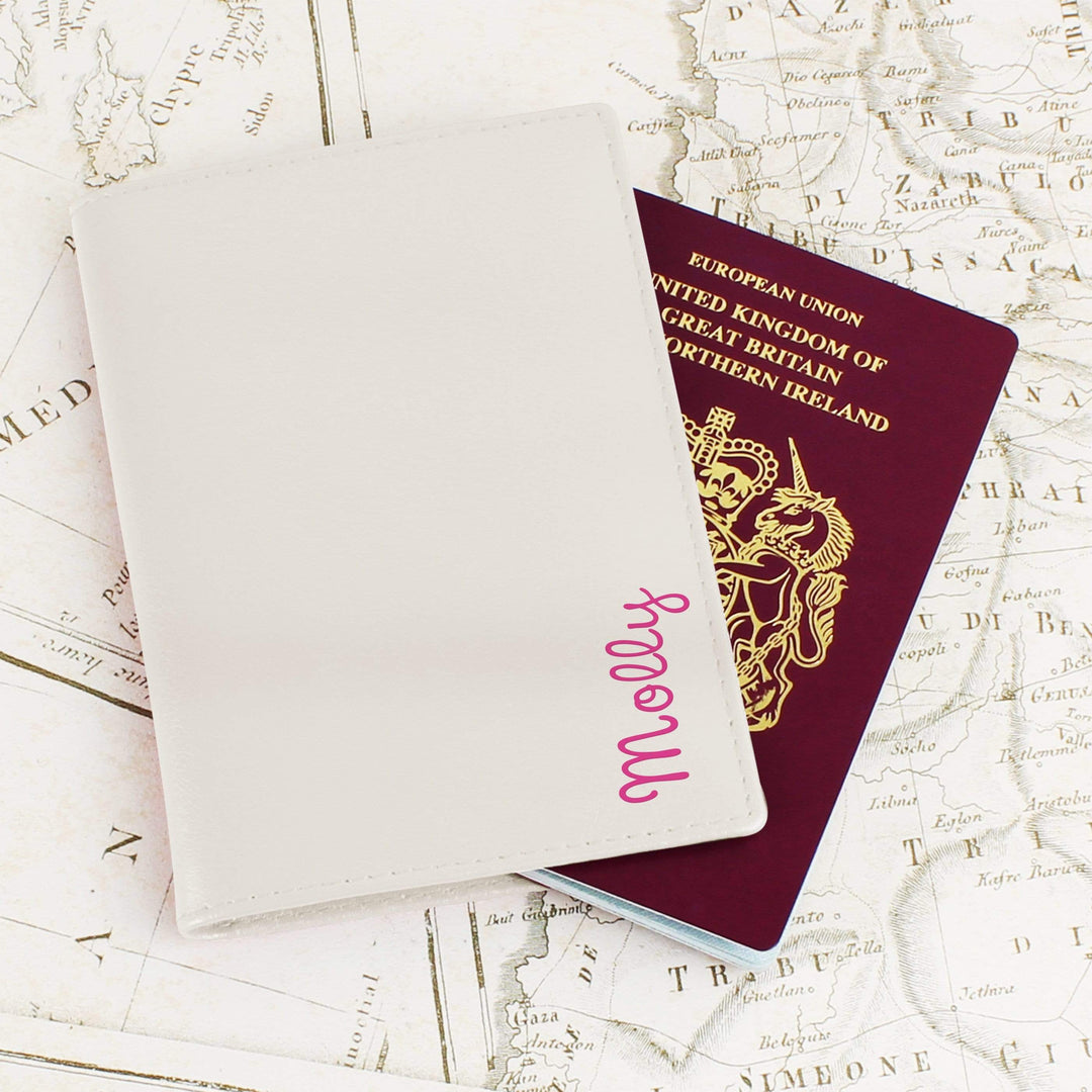Personalised Memento Leather Personalised Pink Name Island Cream Passport Holder