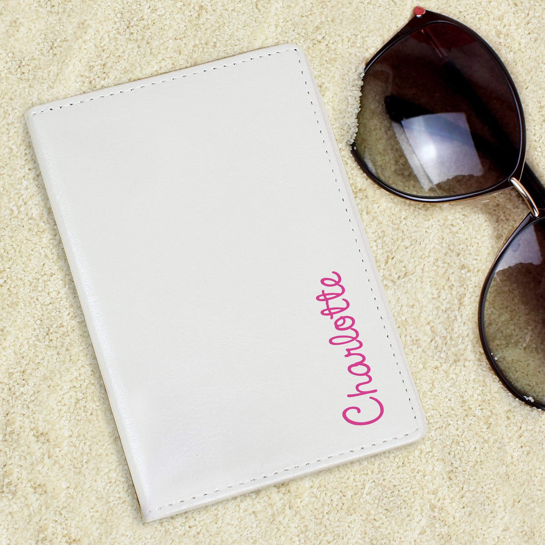Personalised Memento Leather Personalised Pink Name Island Cream Passport Holder