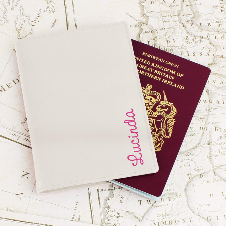Personalised Memento Leather Personalised Pink Name Island Cream Passport Holder