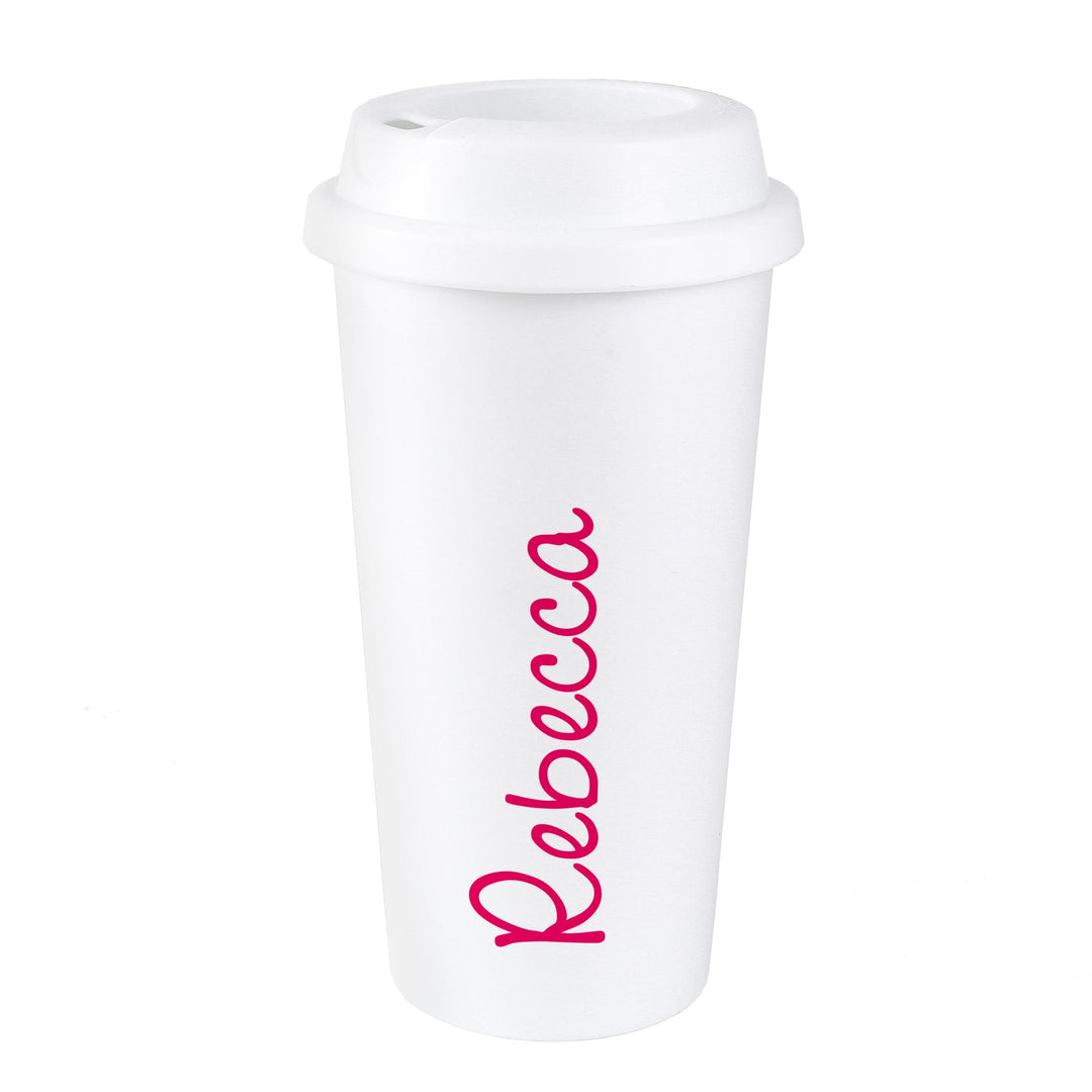Personalised Memento Personalised Pink Name Island Insulated Eco Travel Cup
