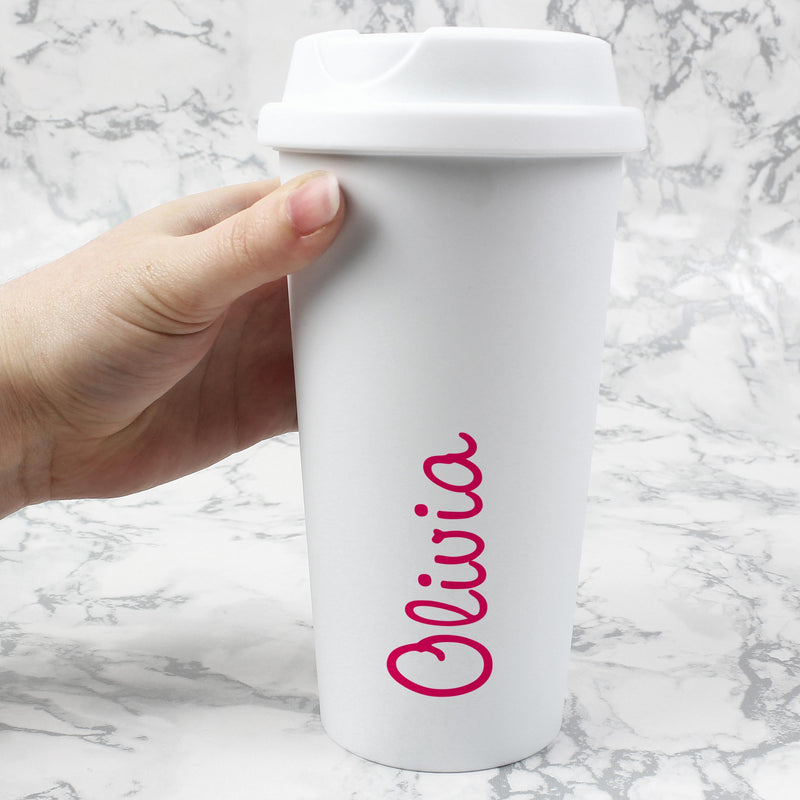Personalised Memento Personalised Pink Name Island Insulated Eco Travel Cup
