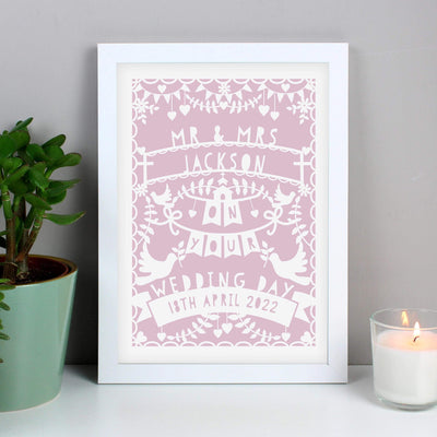 Personalised Memento Personalised Pink Papercut Style A4 White Framed Print