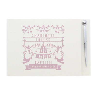 Personalised Memento Personalised Pink Papercut Style Hardback Guest Book & Pen