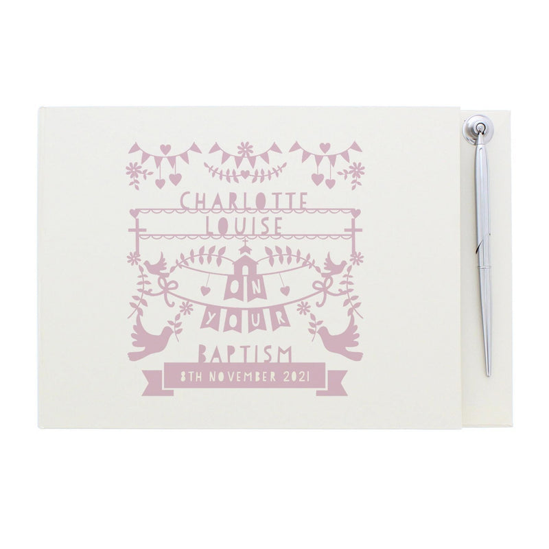 Personalised Memento Personalised Pink Papercut Style Hardback Guest Book & Pen