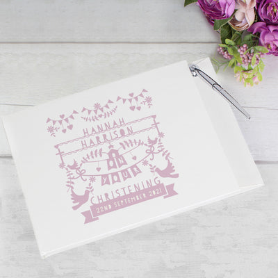 Personalised Memento Personalised Pink Papercut Style Hardback Guest Book & Pen