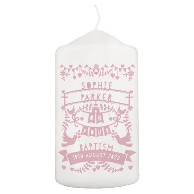 Personalised Memento Personalised Pink Papercut Style Pillar Candle