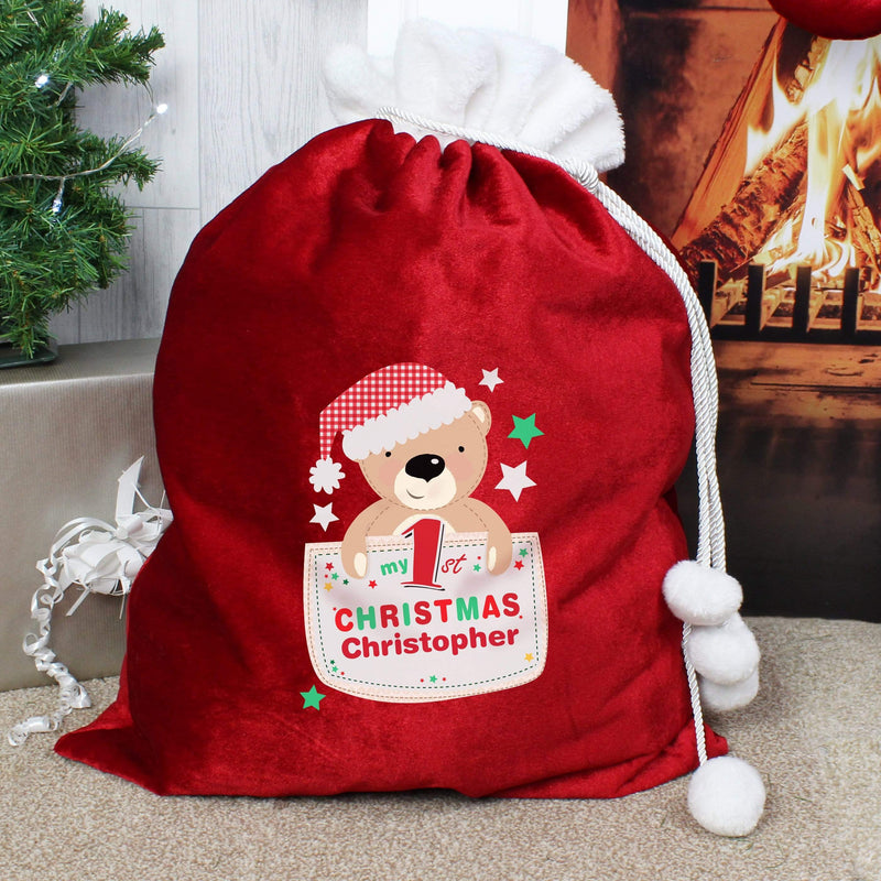 Personalised Memento Christmas Decorations Personalised Pocket Teddy My 1st Christmas Luxury Pom Pom Red Sack