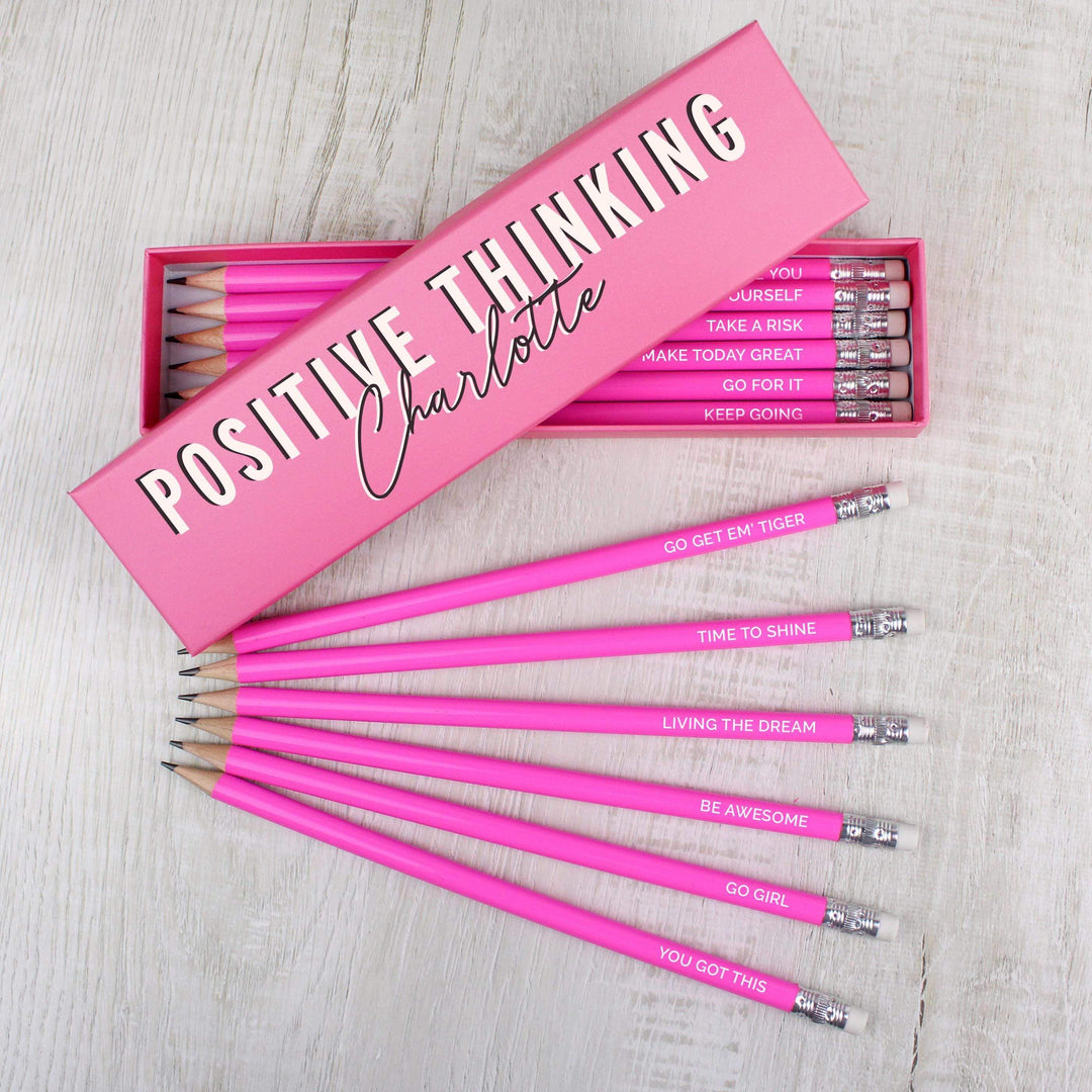 Personalised Memento Personalised Positive Thinking Box and 12 Pink HB Pencils