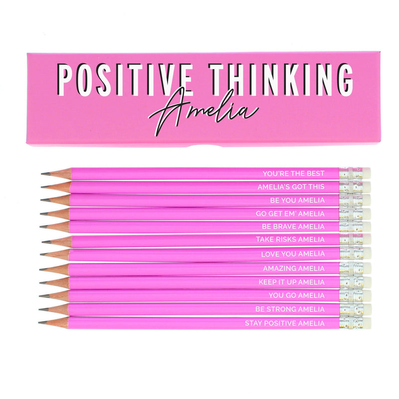 Personalised Memento Personalised Positive Thinking Box and 12 Pink HB Pencils