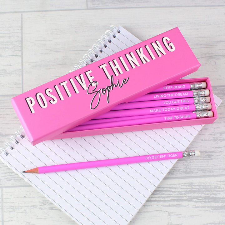 Personalised Memento Personalised Positive Thinking Box and 12 Pink HB Pencils