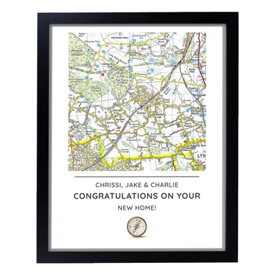 Personalised Memento Framed Prints & Canvases Personalised Present Day Map Compass Black Framed Print