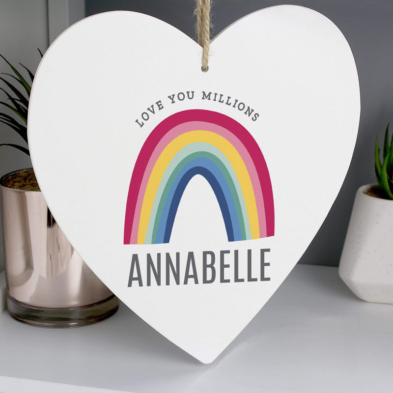 Personalised Memento Wooden Personalised Rainbow Large Wooden Heart Decoration