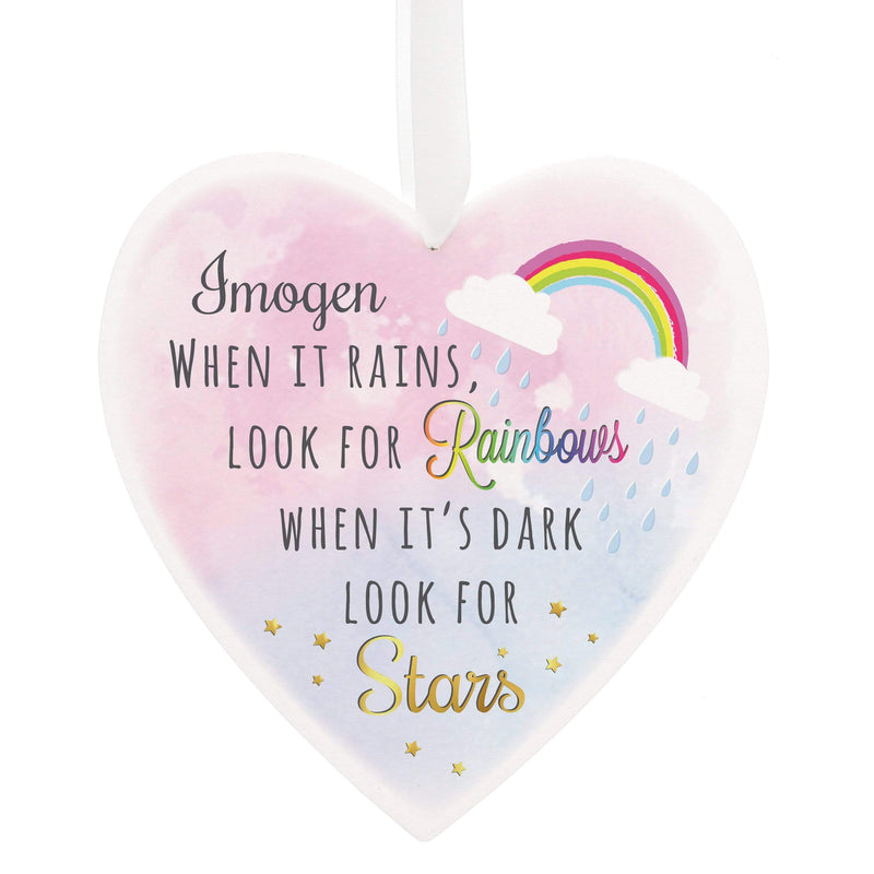 Personalised Memento Wooden Personalised Rainbows and Stars Large Wooden Heart Decoration