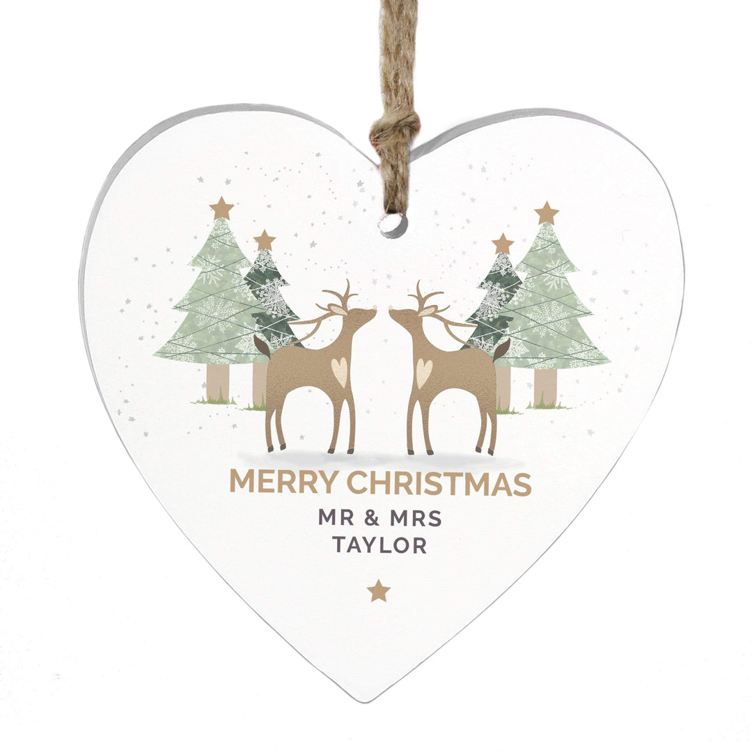 Personalised Memento Hanging Decorations &amp; Signs Personalised Reindeer Couple Wooden Heart Decoration