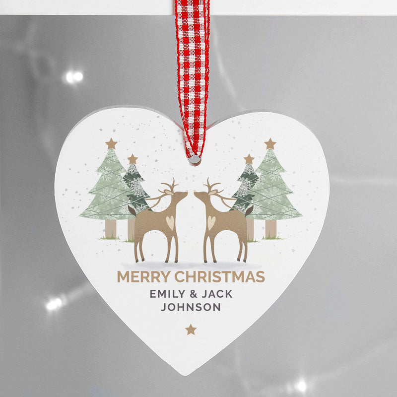 Personalised Memento Hanging Decorations & Signs Personalised Reindeer Couple Wooden Heart Decoration