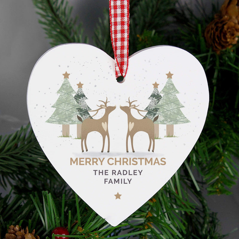 Personalised Memento Hanging Decorations & Signs Personalised Reindeer Couple Wooden Heart Decoration