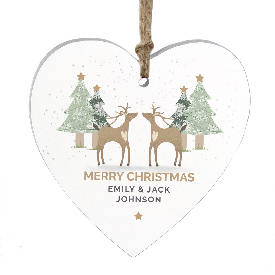 Personalised Memento Hanging Decorations &amp; Signs Personalised Reindeer Couple Wooden Heart Decoration