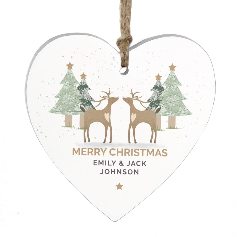 Personalised Memento Hanging Decorations & Signs Personalised Reindeer Couple Wooden Heart Decoration