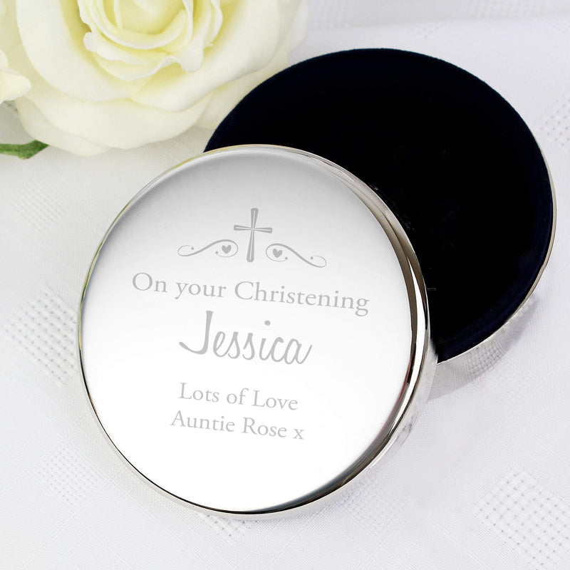 Personalised Memento Personalised Religious Swirls & Hearts Round Trinket Box