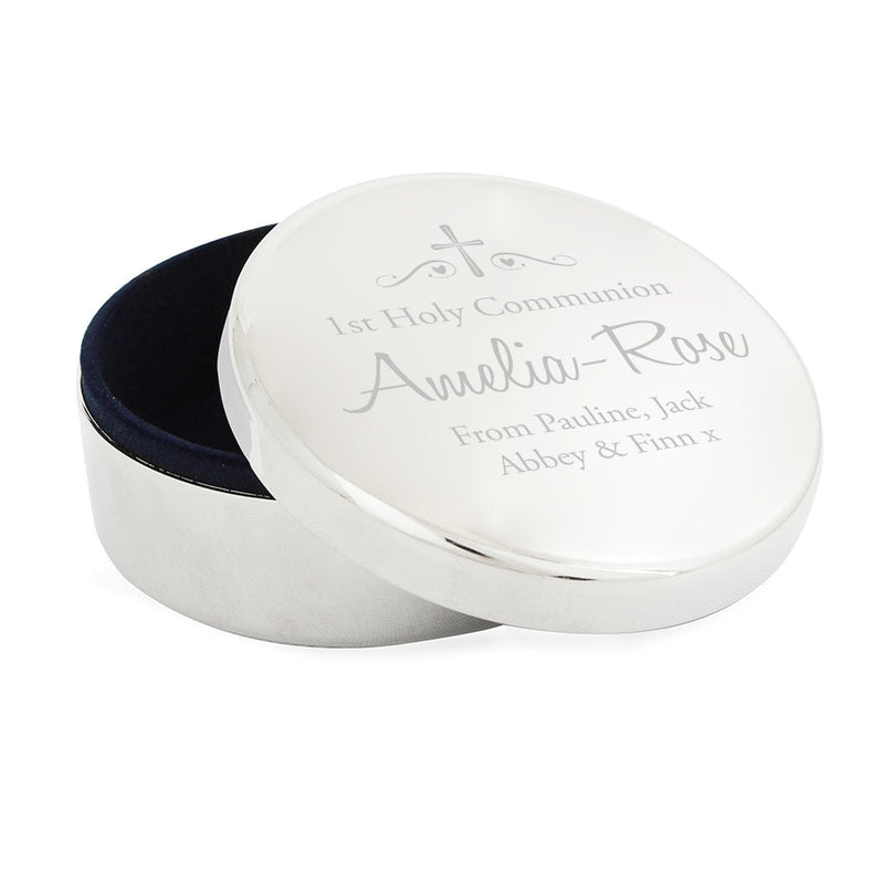 Personalised Memento Personalised Religious Swirls & Hearts Round Trinket Box