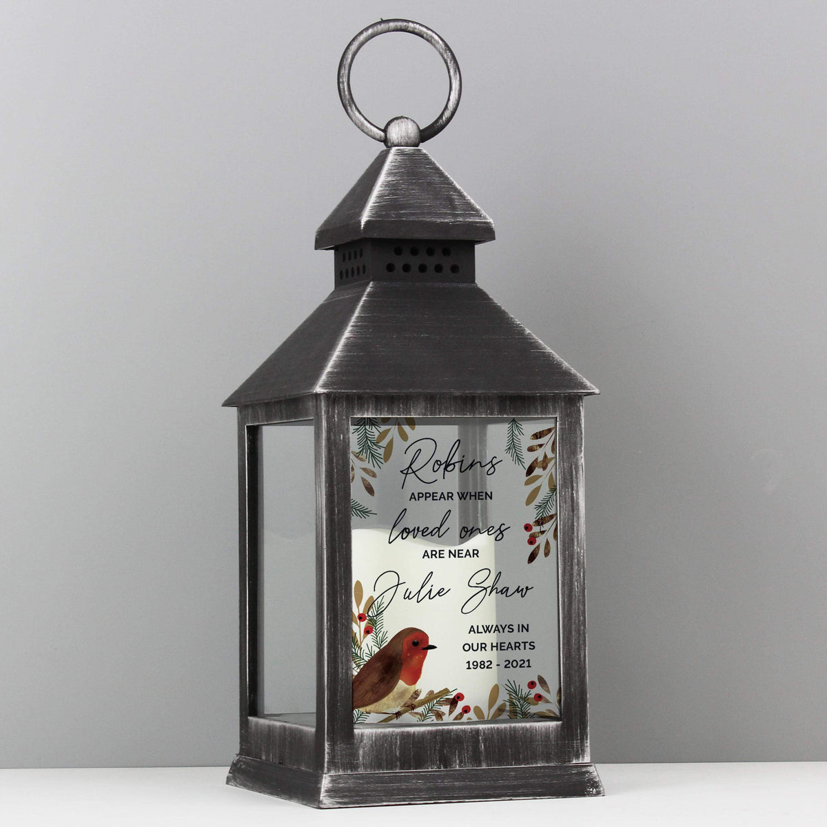 Personalised Memento Personalised Robins Motif Black Lantern