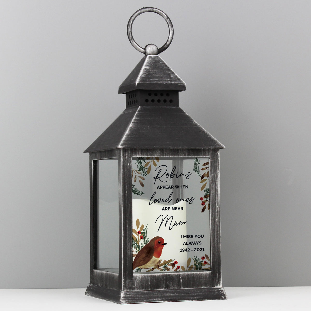 Personalised Memento Personalised Robins Motif Black Lantern