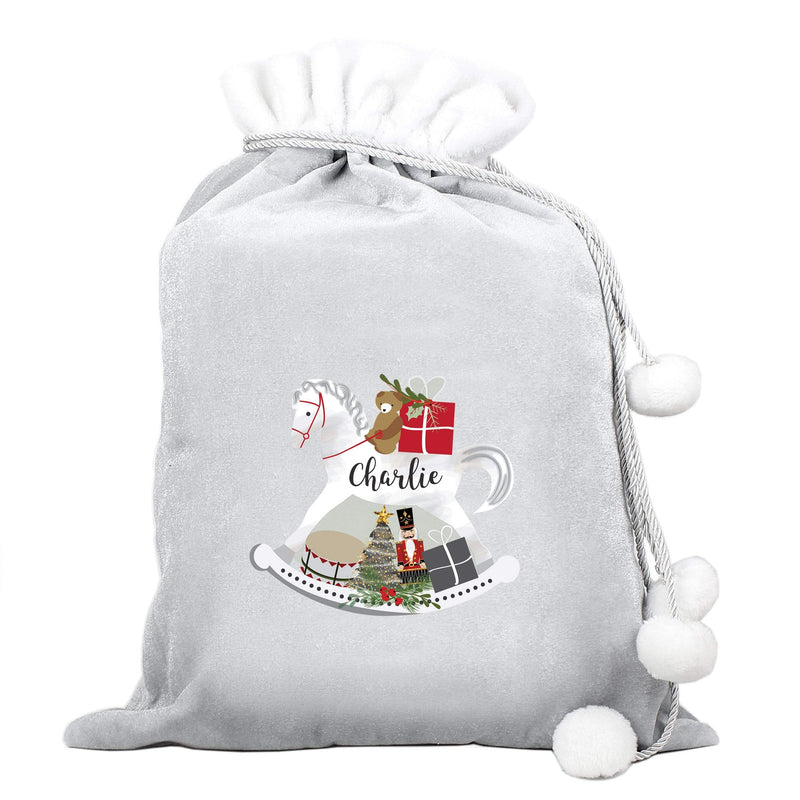 Personalised Memento Christmas Decorations Personalised Rocking Horse Luxury Silver Grey Pom Pom Sack