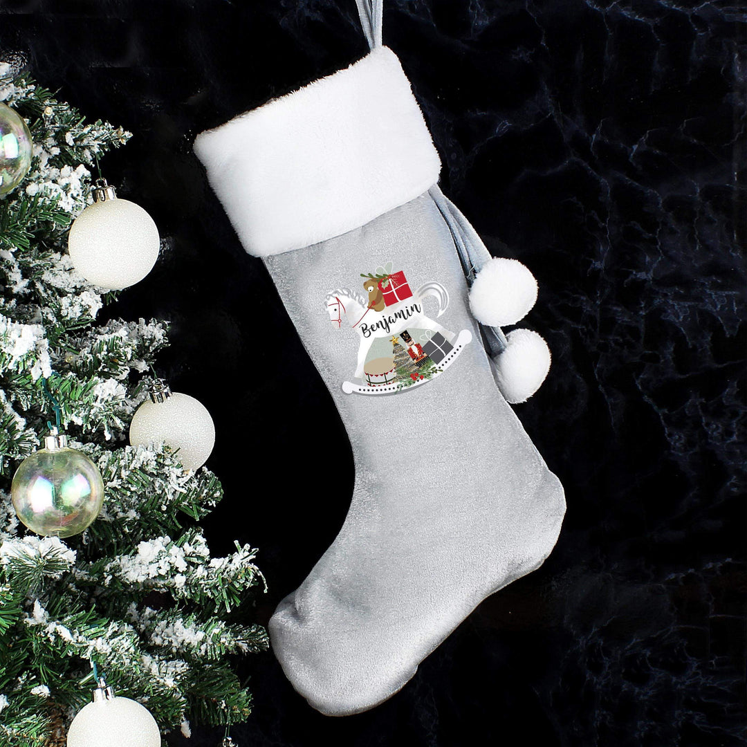 Personalised Memento Personalised Rocking Horse Luxury Silver Grey Stocking