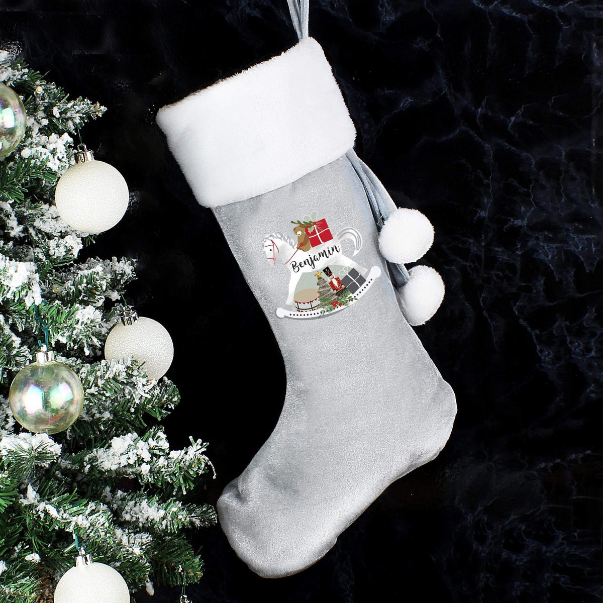 Personalised Memento Personalised Rocking Horse Luxury Silver Grey Stocking