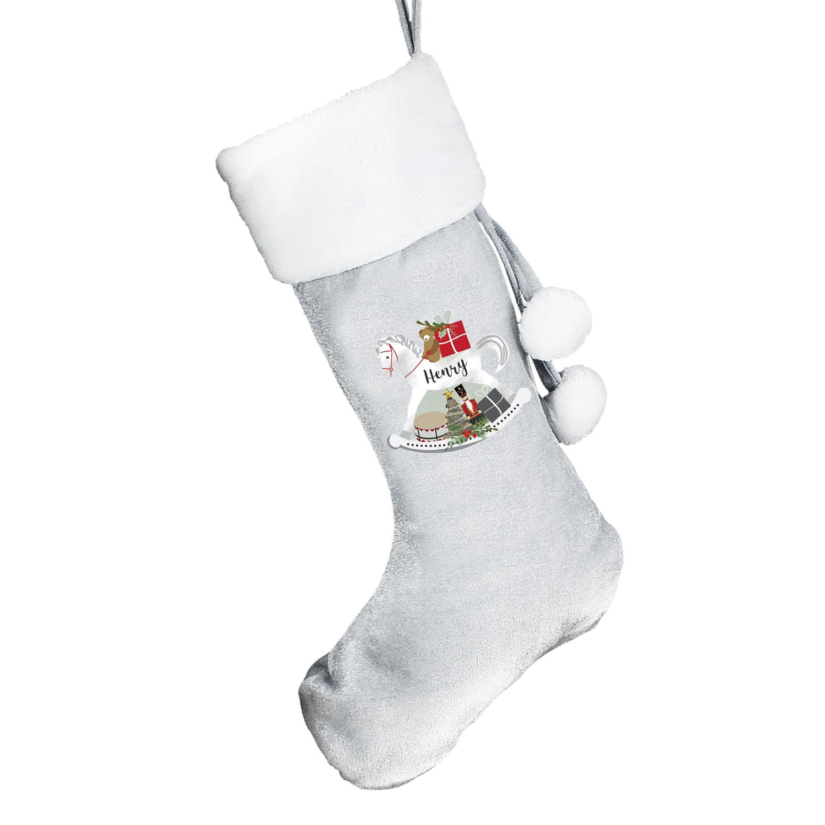 Personalised Memento Personalised Rocking Horse Luxury Silver Grey Stocking